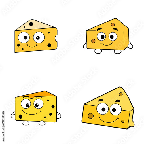 Four cartoon cheese wedges with faces and arms arranged on a white background illustration art
