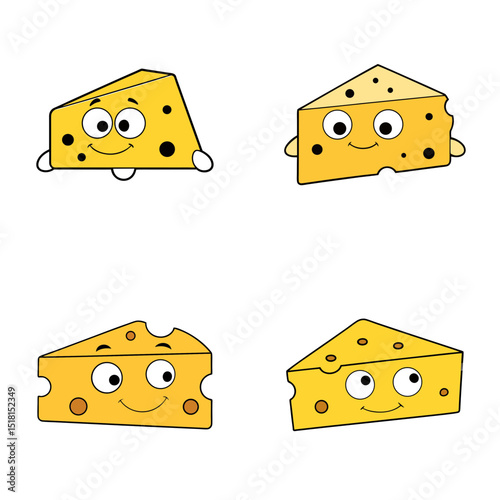 Four cartoon cheese wedges with faces and holes arranged on a white background illustration art