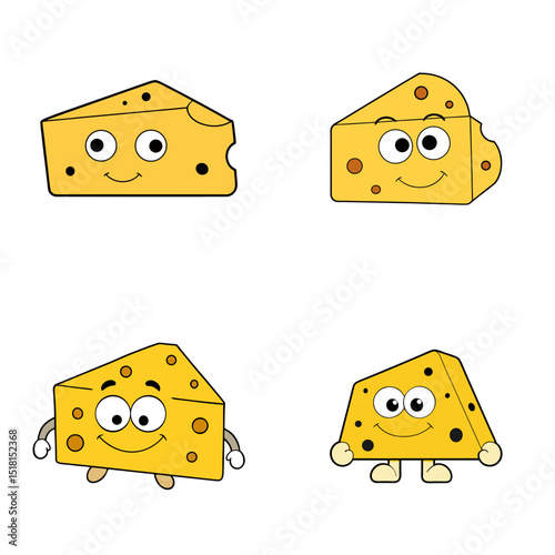 Four cartoon cheese wedges with faces and limbs arranged on a white background in a square format