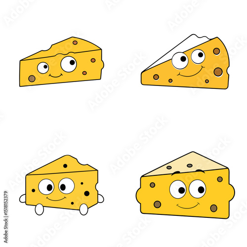 Four cartoon cheese wedges with faces and holes in a grid pattern on a white background image art