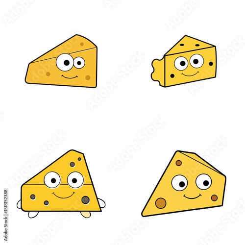 Cartoon cheese wedges with facial expressions and holes arranged in a grid pattern on white
