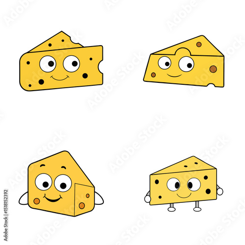 Cartoon cheese wedges with faces and limbs arranged in a grid on a white background design element
