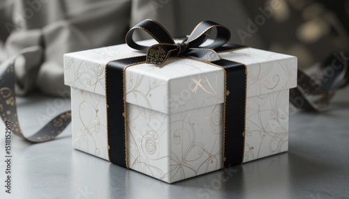 Elegant Gift Box with Black Ribbon and Gold Details: A Symbol of Celebration