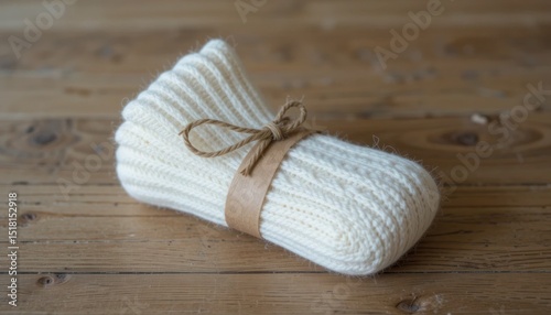 Folded white knitted socks tied with twine on a wooden background