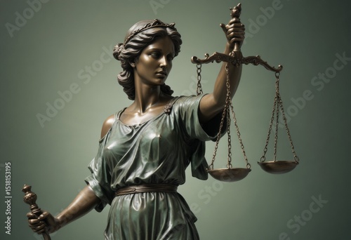 Full shot of bronze Lady Justice statue, blindfolded woman symbolizing justice, detailed and high quality composition
