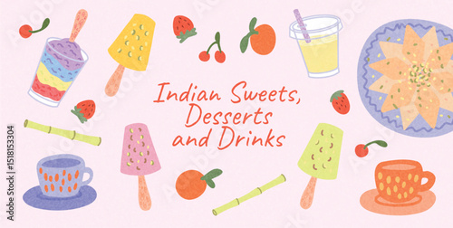 Indian Sweets and Drinks illustration. Kaju Katli, colorful Kulfi, Ice Gola, Sugarcane Juice with fruits and cups. Decorative flat vector banner on pink background for dessert or cafe menu