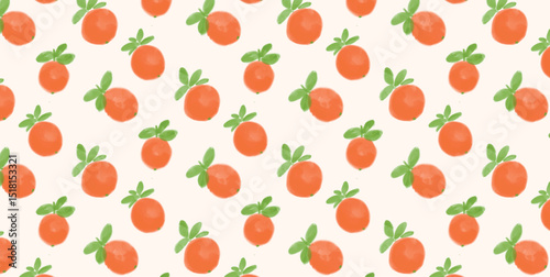 Seamless pattern with Orange Fruit and Green Leaves. Fresh citrus background. Watercolor texture style. Vector illustration for wrapping paper, summer textile, packaging design.