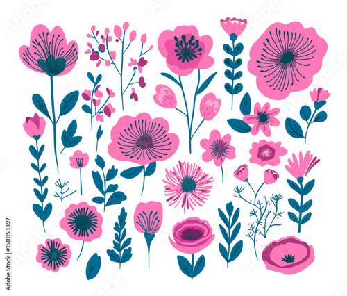 Set of different pink vector flowers . hand drawn. Not AI, Vector illustration.