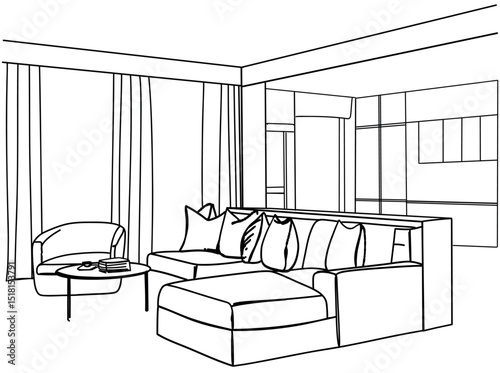 Interior sketch of modern kitchen. Dinner table with chair
