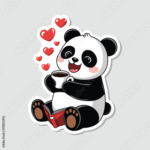 Cute cartoon panda drinking coffee with hearts, expressing joy.