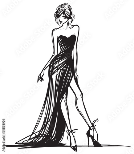 Stylish fashion models sketch. Fashion girls Silhouette. Woman in dress