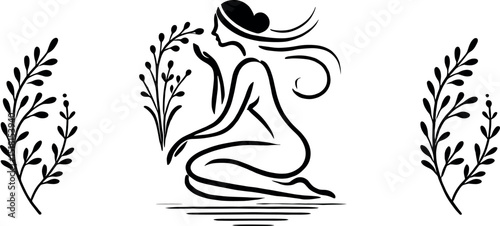 Black-and-white minimalist artwork of a woman leaning over a bouquet of dried herbs, with delicate aroma lines and an elegant oil drop silhouette symbolizing wellness and serenity.
