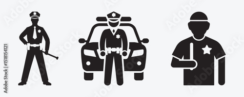 Simple black and white police officer silhouettes with a police car.
