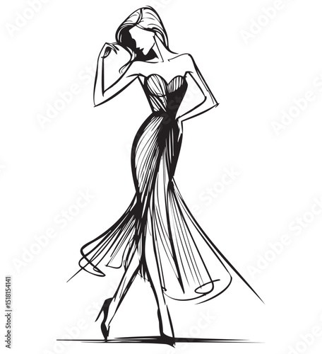 Stylish fashion models sketch. Fashion girls Silhouette. Woman in dress