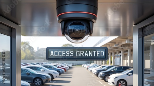 Modern Security Camera Monitoring Parking Area with Access Granted Sign