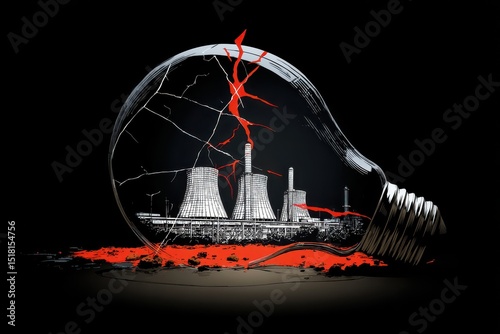 Blackout energy crisis symbolized by a cracking light bulb and an image of a power plant, power outage
