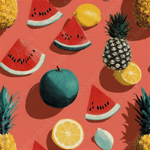 Colorful seamless pattern featuring various fruits including watermelon, pineapple, lemon, and lime on a vibrant coral background, perfect for textile or wallpaper design