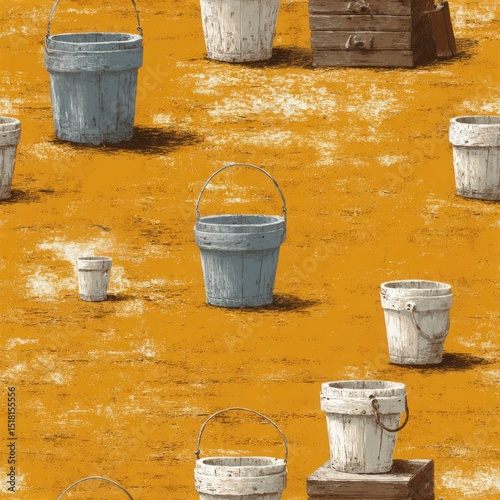 Seamless pattern featuring various buckets in shades of blue and white on a warm orange background, creating a vibrant and playful visual texture for design projects