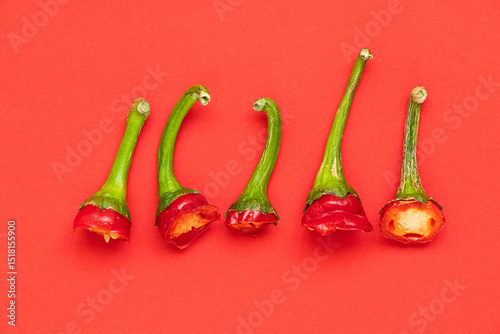 Fototapeta Naklejka Na Ścianę i Meble -  Hot red pepper tails on red background, cut parts of capsicum chilli pepper with seeds and green stalks