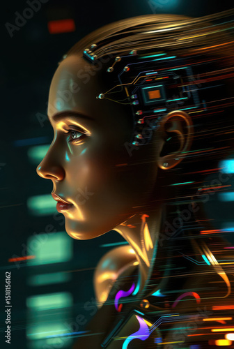 a cybernetc humanoid with digital connections and neural implants