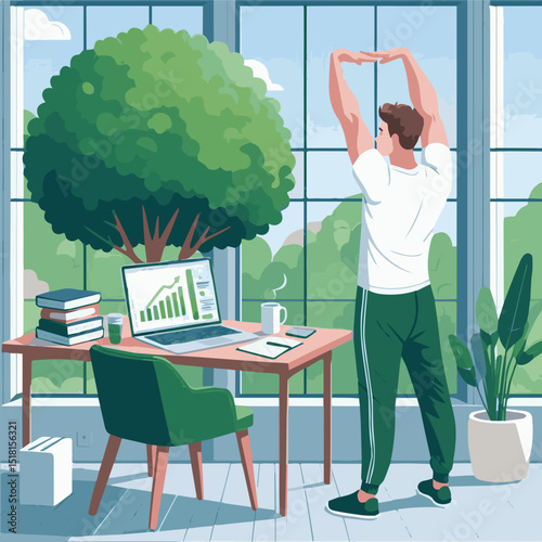 A man in comfortable home clothes in a T-shirt and sweatpants. He is standing next to his desk, doing a light warm-up: stretching his arms up, as if he had just got up from the computer to stretch his
