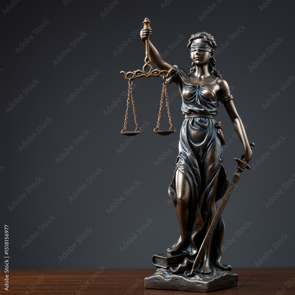 Full shot of bronze Lady Justice statue, blindfolded woman symbolizing justice, detailed and high quality composition Full shot of bronze Lady Justice statue, blindfolded woman symbolizing justice, detailed and high quality composition
