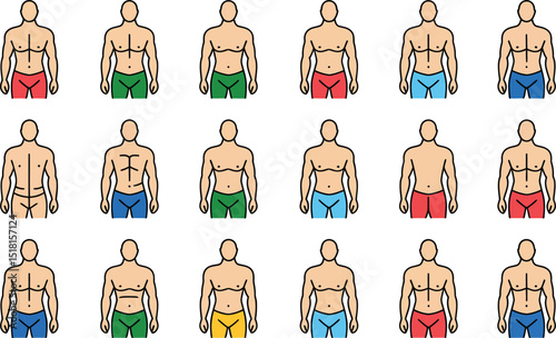 Collection of stylized male body icons in assorted colors and muscle definition types