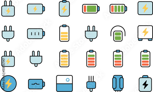 Collection of charging elements and battery indicators in flat style