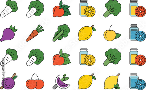 Fresh fruits and vegetables pattern healthy eating icons modern flat design