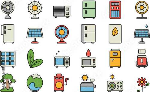 Icon set featuring energy efficient appliances and sustainable energy sources