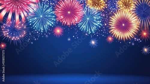 colorful fireworks on a blue background with copy space for text, a holiday celebration and party concept.