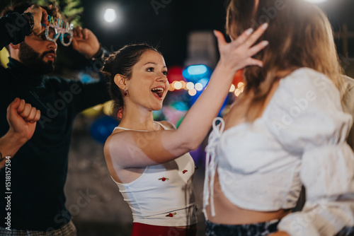 Konstfotografi Friends having a fun time together during a nighttime party with warm atmosphere, celebration, and laughter