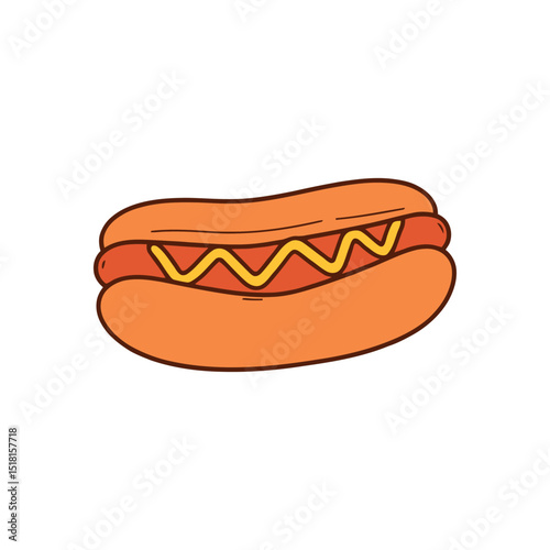 Delicious Sausage in a Soft Bun with Yellow Mustard Topping Vector Art Simple Hotdog Icon for American Fast Food and Casual Snack Illustrations