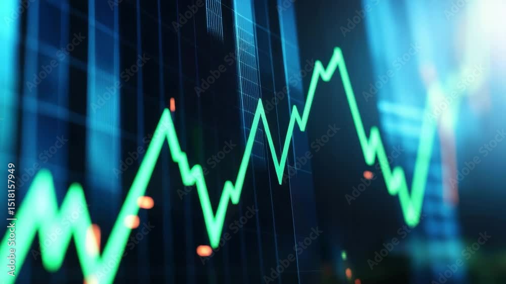 Stock market graph with green line chart showing financial data and business growth, investment trends, and technology driven market analysis for economic growth and digital display chart
