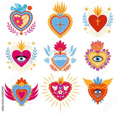 SET OF CUTE MEXICAN SACRED HEART. TRADITIONAL MEXICAN HEARTS FOR DIA DE LOS MUERTOS. COLORED TRENDY VECTOR ILLUSTRATIONS