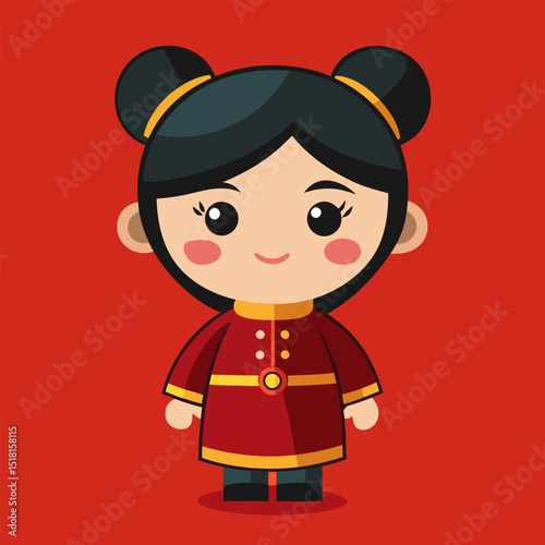 Adorable Cartoon Chinese Girl in Traditional Red Dress