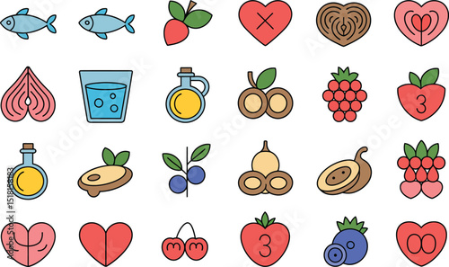 Collection of healthy food icons with fish fruit and hearts