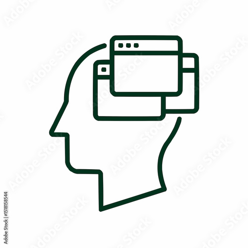 Outlined human head with multiple overlapping windows — mental multitasking.