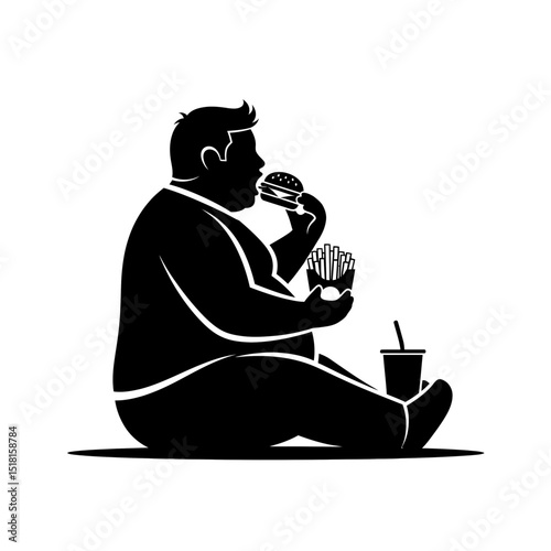 Chubby man sitting and eating a burger with fries and soda  