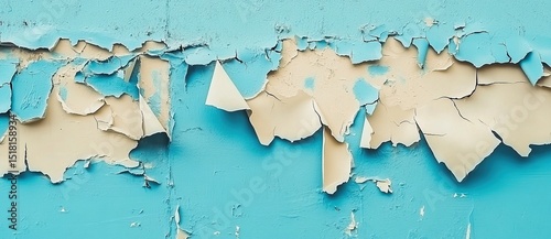 Peeling paint on a blue wall, with light beige and sky-blue colors. 