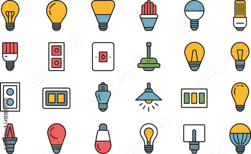 Set of electrical light bulbs and switches in flat line style