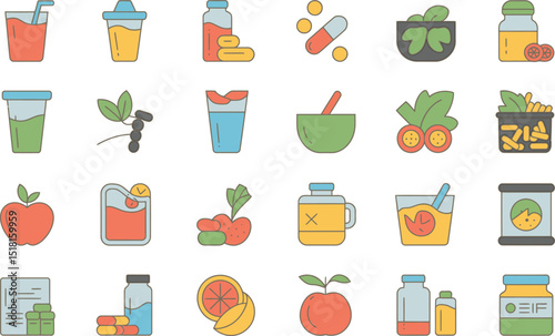 Set of vitamins and supplements flat icons with healthy food elements