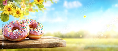 Two doughnuts with pink glaze and colorful sprinkles on top, placed outdoors against the backdrop of nature in springtime, cheerful atmosphere, space for text or product presentation