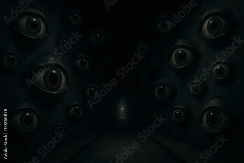 Surreal dark corridor with eerie giant eyes on walls, creating a mysterious and unsettling atmosphere, perfect for horror or fantasy themes.