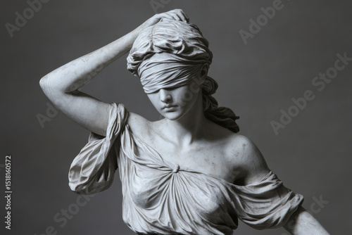 Full shot of bronze Lady Justice statue, blindfolded woman symbolizing justice, detailed and high quality composition