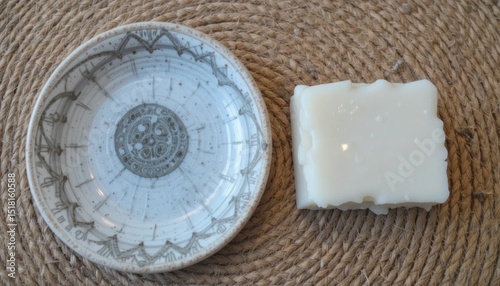 Ceramic soap dish and white soap on a rustic woven mat background