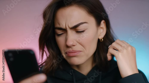 Frustrated woman reacts to unexpected news while looking at smartphone late at night