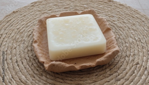 Aesthetic natural soap bar on a decorative ceramic plate and woven placemat