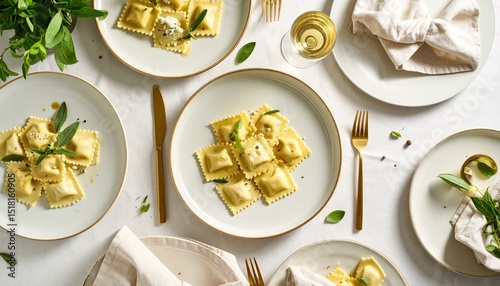 Cinematic top-view shot of elegant Italian table setting with fine porcelain plates, ravioli with sage butter, linen napkins, gold cutlery, olive oil bottle, luxury branding mood