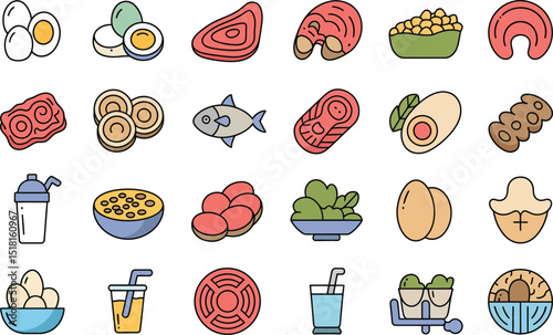 Protein sources diet and nutrition food icons healthy eating illustration